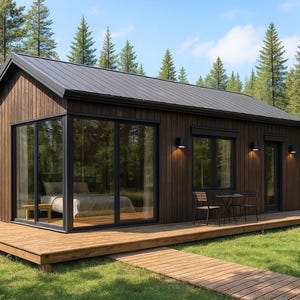 Wood Siding Cabin Design 18x32ft Variation – 550 Sq Ft, 1 Bedroom, Gable Roof Tiny Home with Porch, Brown Exterior, PDF + DWG Blueprints