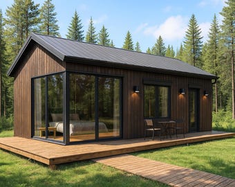 Wood Siding Cabin Design 18x32ft Variation – 550 Sq Ft, 1 Bedroom, Gable Roof Tiny Home with Porch, Brown Exterior, PDF + DWG Blueprints