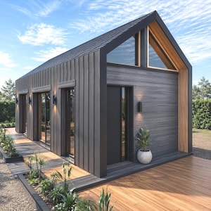 Può includere: Piccola casa moderna con rivestimento grigio, tetto a capanna e grandi finestre. L'esterno presenta un ponte di legno e un piccolo giardino. Il design incorpora un'estetica minimalista con linee pulite e una palette di colori naturali.