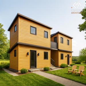 Peut inclure: Maison moderne à deux étages avec un extérieur brun clair et des garnitures noires. La maison comprend plusieurs fenêtres, une porte d'entrée et un petit balcon. Deux chaises Adirondack en bois sont sur la pelouse verte.