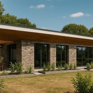 Modern 3 Bedroom House Plan PDF – 2,013 ft2 One-Story Home with Pool | 3 Baths + Utility | Wood + Stone Exterior | Floor Plan + DWG Download