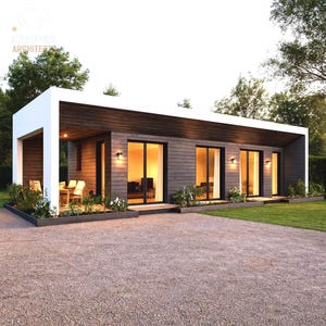 Rustikales kleines Haus Plan - 18 x 48 ft, 850 Quadratfuß Custom, verstecktes Anlehndach + Veranda, kleine 2-Bett-Hütte, PDF + DWG Download