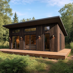 Modern Lean-To Cabin Plan – 1 Bedroom, 550 sq ft + 376ft Deck, 18x32 ft, Wood Frame, PDF Blueprints, DWG Files, Tiny Houses, Small House