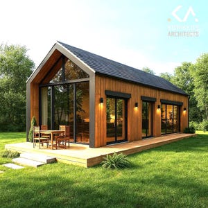 2ベッドルームのモダンな納屋スタイルのプラン – 明るい木製の外装、850平方フィートの内装、18 x 48フィートの片流れ屋根、ポーチ、PDFプラン+ DWG、小さなモダンな