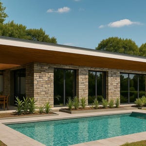 Peut inclure: Maison moderne avec une piscine rectangulaire remplie d'eau turquoise. La maison présente une façade en pierre, de grandes fenêtres et un auvent en bois. La verdure entoure la piscine et la maison, sous un ciel bleu clair.