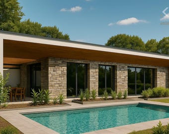 May include: Modern home with a rectangular pool filled with turquoise water. The house features a stone facade, large windows, and a wooden overhang. Lush greenery surrounds the pool and the house, under a clear blue sky.