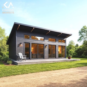 20 x 36 pi - Plans de la cabine 2 chambres • 700 pi² • Parement gris • Petite maison à toit à un versant - Plans PDF + DWG CAD 2D - Téléchargement immédiat