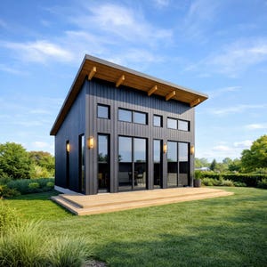 Peut inclure: Cabane noire moderne avec un toit en pente et de grandes fenêtres. L'extérieur présente des accents en bois et une terrasse en bois. La cabane est entourée d'herbe verte et d'arbres sous un ciel bleu.