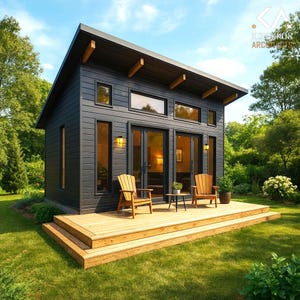 May include: A modern, dark gray cabin with a wooden deck and two wooden chairs. The cabin has large windows and a sloped roof with exposed wooden beams. The deck is surrounded by green grass and trees.