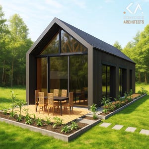 Dark Modern Cabin Plan 18x32ft – 500 Sq Ft + Porch, 1 Bedroom Gable Roof Home, Vertical Wood Siding, PDF + DWG Files, Tiny House Design