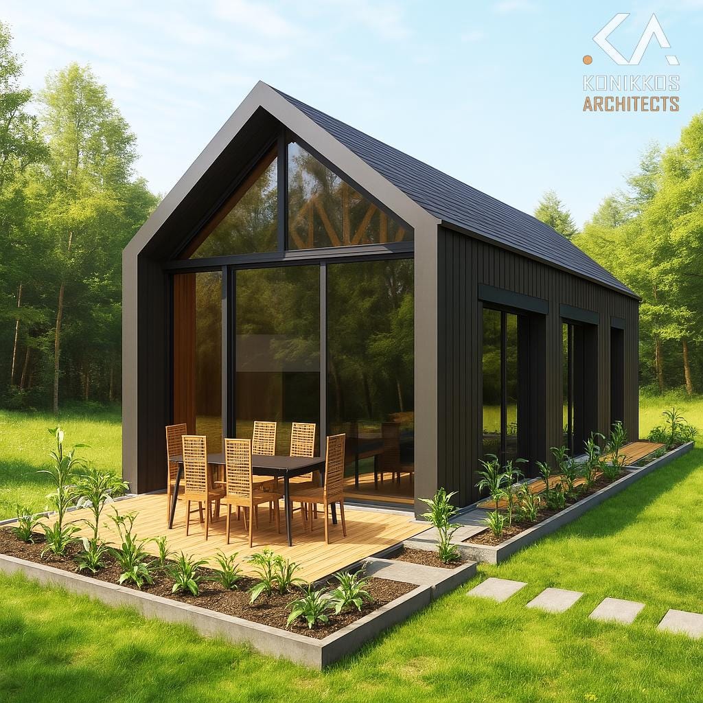Dark Modern Cabin Plan 18x32ft – 500 Sq Ft + Porch, 1 Bedroom Gable Roof Home, Vertical Wood Siding, PDF + DWG Files, Tiny House Design