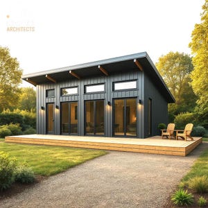 Può includere: Casa moderna grigio scuro con tetto spiovente, terrazza in legno e ampie finestre. La casa ha un design minimalista, con un sentiero di ghiaia che conduce alla terrazza. L'ambiente circostante presenta erba verde e alberi.