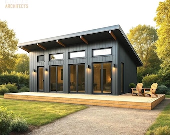 20x35 ft -700 sq ft - 2 Bedroom Shed Cabin Design – ADU, Lean-to Roof, Architectural Plans pdf - CAD 2D - 3Ds - Basic Material List