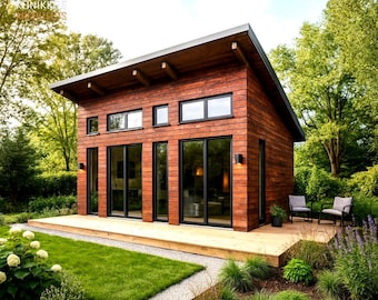 16 x 20 Fuß Studio-Pläne - 320 Quadratfuß + 14 Quadratfuß-Deck, dunkles rustikales Holz, Schuppendach, Architekturpläne + CAD 2D + Grundmaterialliste