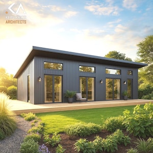 Könnte beinhalten: Ein modernes, dunkelgraues Haus mit großen Fenstern und einer Holzterrasse. Das Haus hat ein Flachdach und ist von einem grünen Rasen und Landschaftsbau umgeben. Der Text "KLINKKIS ARCHITECTS" ist sichtbar.