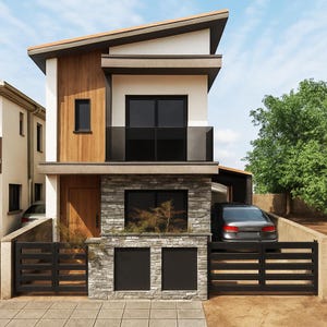 May include: A modern two-story house with a stone facade, wooden accents, and a flat roof. The house features large windows, a black metal fence, and a garage with a car parked inside. The sky is blue with some clouds.