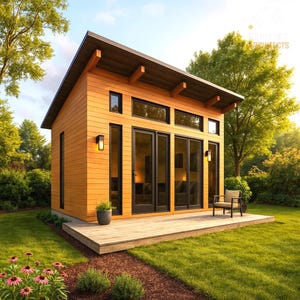 May include: A contemporary wooden shed with a dark roof and large glass doors and windows. The shed features a small deck and is set within a green garden with trees. The shed has a small deck and is surrounded by green grass and trees.