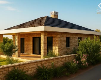 May include: A single-storey house with a stone facade, dark roof, and white trim. The house has a porch with wooden decking and a small chimney. Landscaping includes a low stone wall, bushes, and a small lawn. The sky is clear and blue.