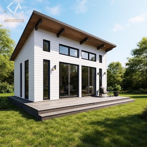 May include: Modern white house with a dark gray roof and trim. The house features large windows and a wooden deck. The house is surrounded by green grass and trees. The logo for Klinkenberg Architects is in the upper left corner.