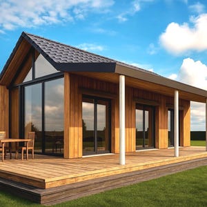 May include: A modern wooden house with a dark gray roof and large glass windows. The house has a wooden deck and a porch supported by white columns. A table and chairs are on the deck. The sky is blue with white clouds.