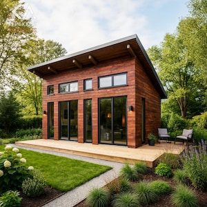 Op de afbeelding: Een moderne houten cabine met een schuin dak en grote glazen ramen en deuren. De buitenkant is bekleed met roodbruine houten gevelbekleding. De cabine is omgeven door een groen gazon, landschapsarchitectuur en bomen.