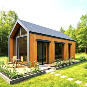 Small 1 Bedroom Cabin Plan – 18x32ft Shed - 550 Sq Ft + 330 Porch, Wood Vertical Siding, Modern Gable Roof, PDF + DWG Tiny House ADU