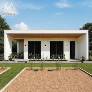 Contemporary White Cabin Design 18x32ft – 550 sq ft Interior + 319 ft2 Porch, 967 ft2 Total, Flat Roof 1 Bedroom Plan, PDF + DWG CAD