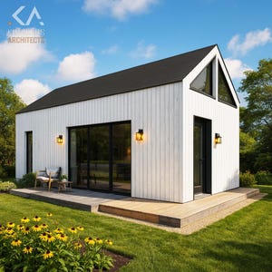 May include: A contemporary white house with a black roof and trim. The building features large windows and a wooden deck. The image includes the text "KIMIKUS ARCHITECTS". The house is set in a green garden with trees and a blue sky.