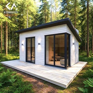 Puede incluir: Una cabaña blanca moderna con techo y molduras negras, situada en un bosque. La cabaña cuenta con grandes puertas y ventanas de vidrio, una terraza de madera e iluminación exterior. El texto "KONIKKOS ARCHITECTS" está presente.