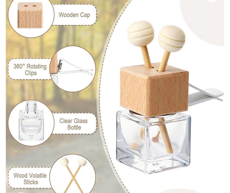 May include: A clear glass bottle with a wooden cap and two wood volatile sticks. The wooden cap is square and has two holes for the sticks. The bottle is designed to be used as an air freshener. The image also shows 360-degree rotating clips.