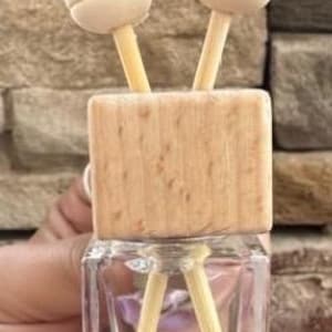 May include: A clear, square glass bottle with a wooden top and two wooden diffuser sticks. The top has two spherical wooden accents. The bottle is held in a hand.