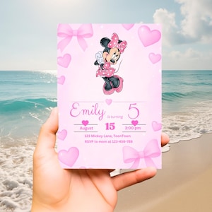 Invito modificabile di Minnie Mouse – Invito per festa rosa – Modello Canva – Download stampabile – Biglietto digitale istantaneo