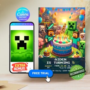 Minecraft Gamer Birthday Invitation - Editable Canva Template - Printable 5x7” Party Card - Digital Download for Boys - Video Game Invite