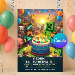 Minecraft Birthday Invitation - Editable Gamer Party Template - Canva Digital Download - Printable 5x7” Video Game Birthday Card - Any Age