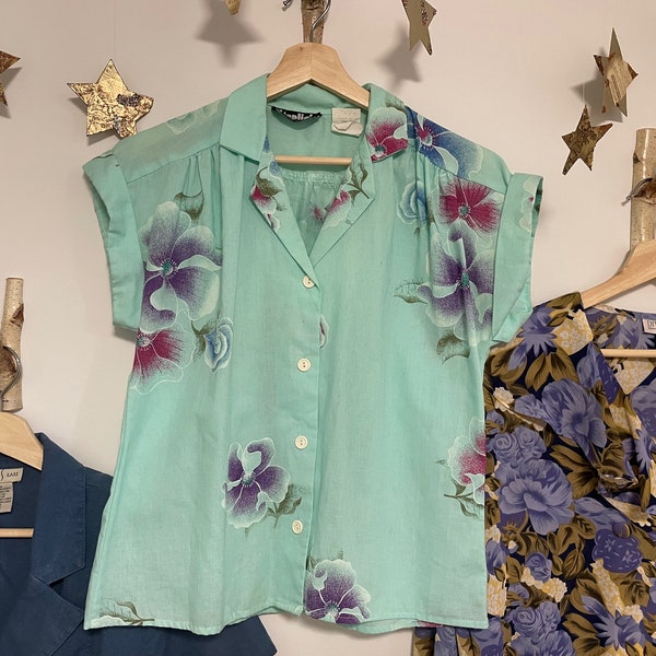 50's Teal Hawaiian Blouse, Short Cap Sleeve, Floral Print