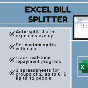 Puede incluir: Imagen que promociona un separador de facturas de Excel. El texto dice "EXCEL BILL SPLITTER" con viñetas que detallan características como la división automática de gastos, divisiones personalizadas y seguimiento de reembolsos en tiempo real. Una computadora portátil muestra una hoja de cálculo y el logotipo de Excel es visible.