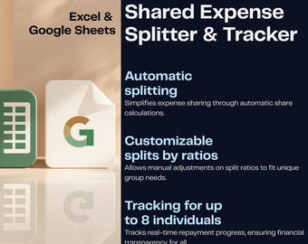 Expense Splitter: Calculate and Split Bills by Shared Ratios | Tracker for Groups of Up to 8 People | Excel & Google Sheets Template
