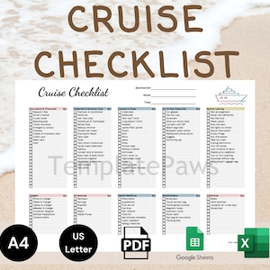 Puede incluir: Una lista de verificación de crucero blanca con texto marrón y una ilustración de barco azul claro. La lista de verificación está dividida en categorías como documentos, artículos de tocador y elementos esenciales para el sol. Incluye iconos A4, US Letter, PDF, Google Sheets y Excel.