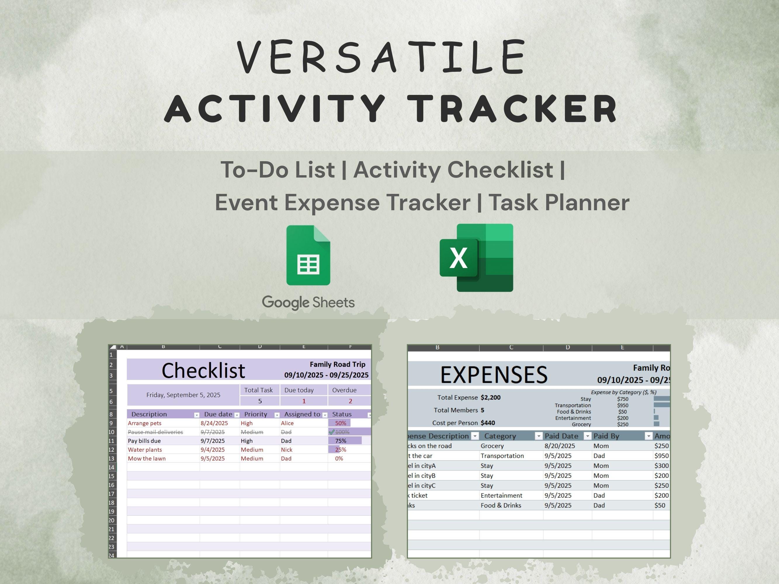Activity Tracker: Tasks Planner Template for Google Sheets and Excel ...