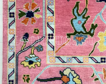 velin pink Hand-Knotted Oushak Area Rug, Antique Pink Wool, Traditional Style