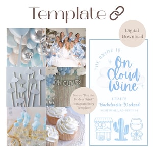 Peut inclure: Un modèle numérique pour un enterrement de vie de jeune fille, avec un collage d'images. Le design comprend des ballons bleus et argentés, des décorations en forme de nuages, des cupcakes et une enseigne qui dit "On Cloud Wine". Le modèle comprend également le texte "Digital Download".