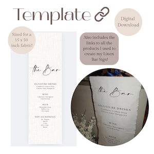 May include: A digital template for a bar sign, sized for a 38 x 127 cm fabric. The sign features the text "the Bar" in elegant script, with drink categories: Signature Drinks, Wine, Beer, and Non-Alcoholic.