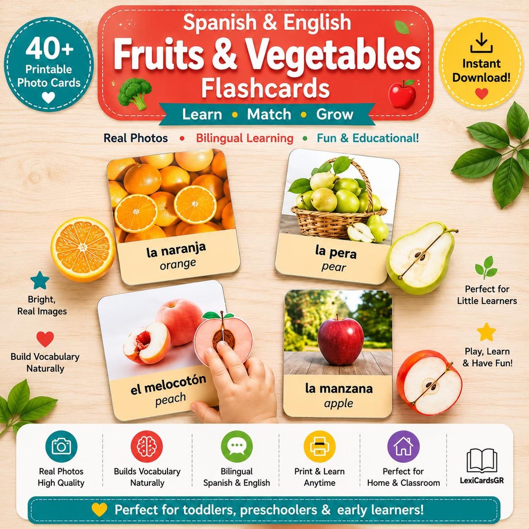 Spanish English Fruits & Vegetables Flashcards for Kids | Bilingual ...