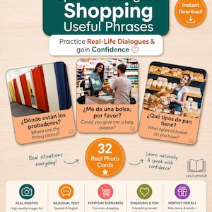 Spanish-English Shopping Flashcards | Bilingual Vocabulary Cards for ESL & Travel | Printable PDF | 32 Cards