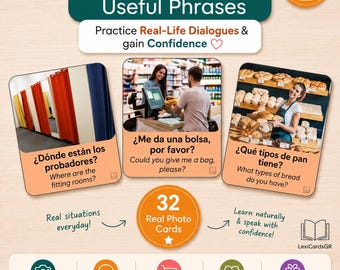 Tarjetas de vocabulario bilingües para compras (español-inglés) / Tarjetas de vocabulario para estudiantes de inglés como segunda lengua y para viajes / PDF imprimible / 32 tarjetas