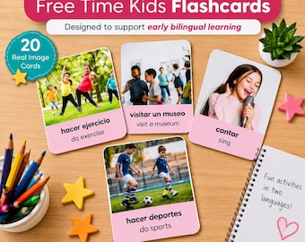 Bilingual English Spanish Flashcards • Real Images • Free Time & Daily Activities Vocabulary Cards • ESL Preschool Learning Printable