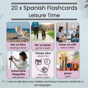 Spaans-Engelse Flashcards voor vrije tijd | Flashcard voor realistische foto's | Tweetalige afdrukbare woordenschat voor reizen, voortijdig schoolverlaten, thuisonderwijs