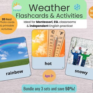 Weather Flashcards for Kids | Printable Weather Cards | Montessori, ESL, Homeschool Learning | Preschool Weather Activity