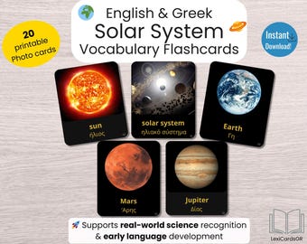 Solar System Flashcards English Greek, Space Flashcards Printable, Bilingual Flashcards, Planets Flashcards, STEM Preschool, Montessori Spac