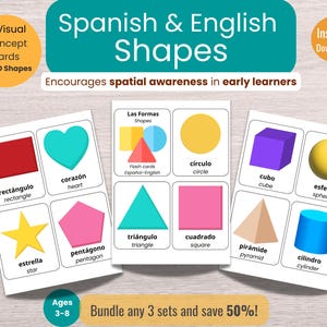 May include: Educational flashcards for early learners featuring 2D and 3D shapes in Spanish and English. The cards display shapes like rectangles, hearts, circles, cubes, and stars, with corresponding Spanish and English labels. The cards are designed to encourage spatial awareness.